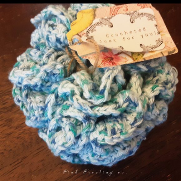 Aqua blue and green handmade crocheted bath pouf - Picture 1 of 6